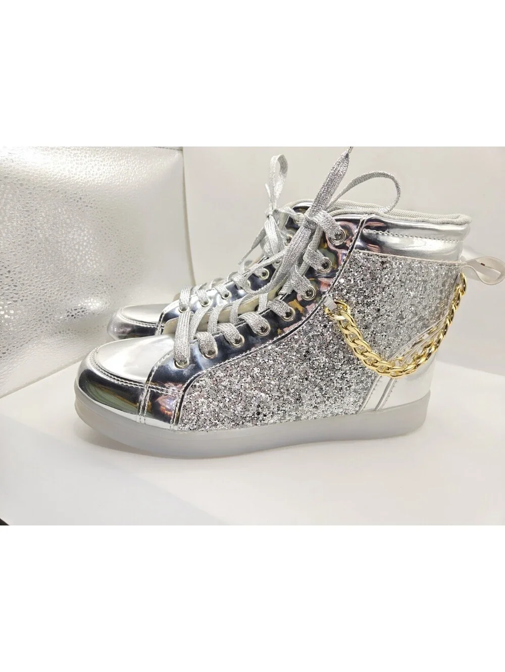 Silver Glitter Light Up Shoes High Top Metallic Dance Sneakers Chain Detail Sz 9